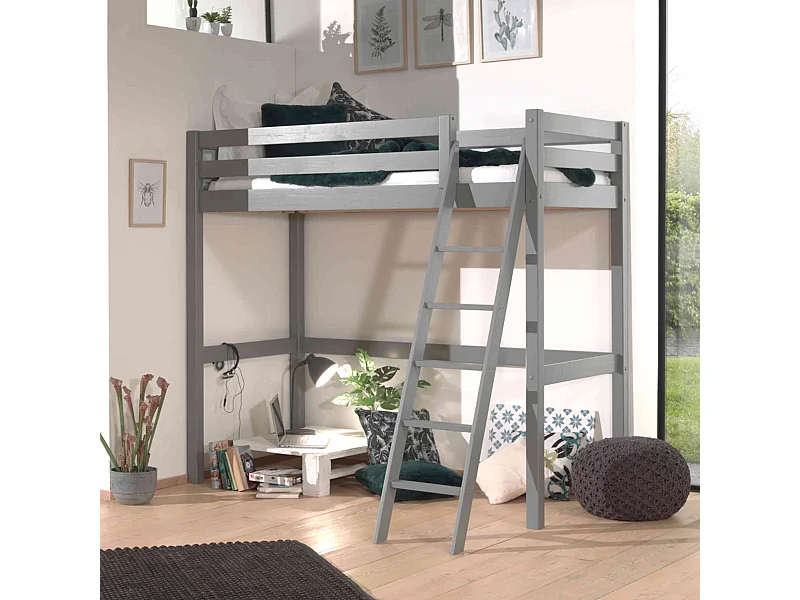 Lit mezzanine enfant en bois massif gris 140x200 cm - LT2044