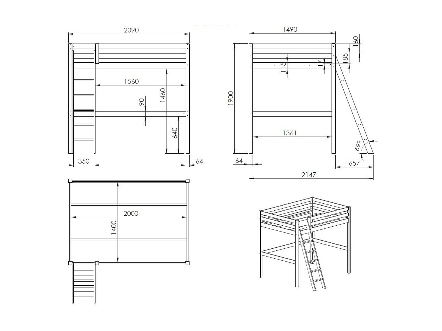 Lit mezzanine enfant en bois massif gris 140x200 cm - LT2044