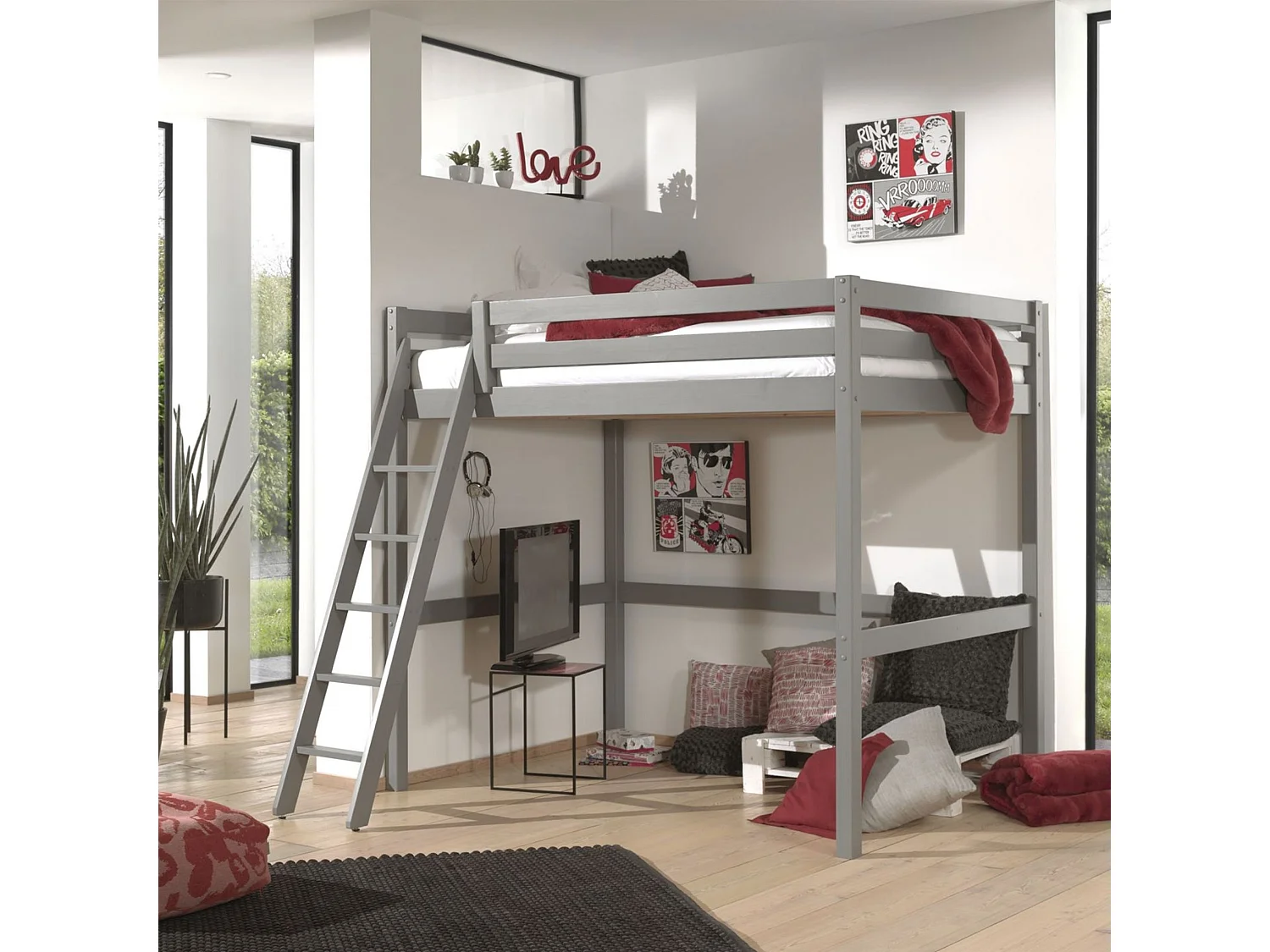 Lit mezzanine enfant en bois massif gris 140x200 cm - LT2044