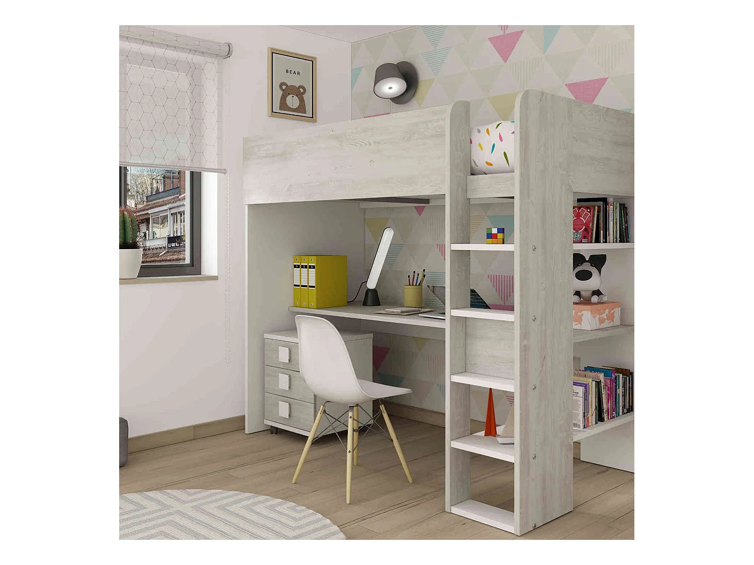 Lit enfant mezzanine 90x200 en bois gris - LT9013