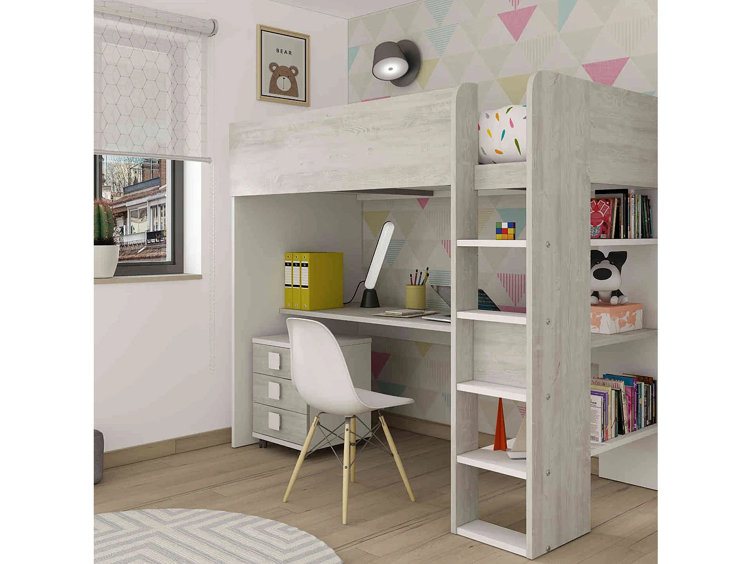 Lit enfant mezzanine 90x200 en bois gris - LT9013