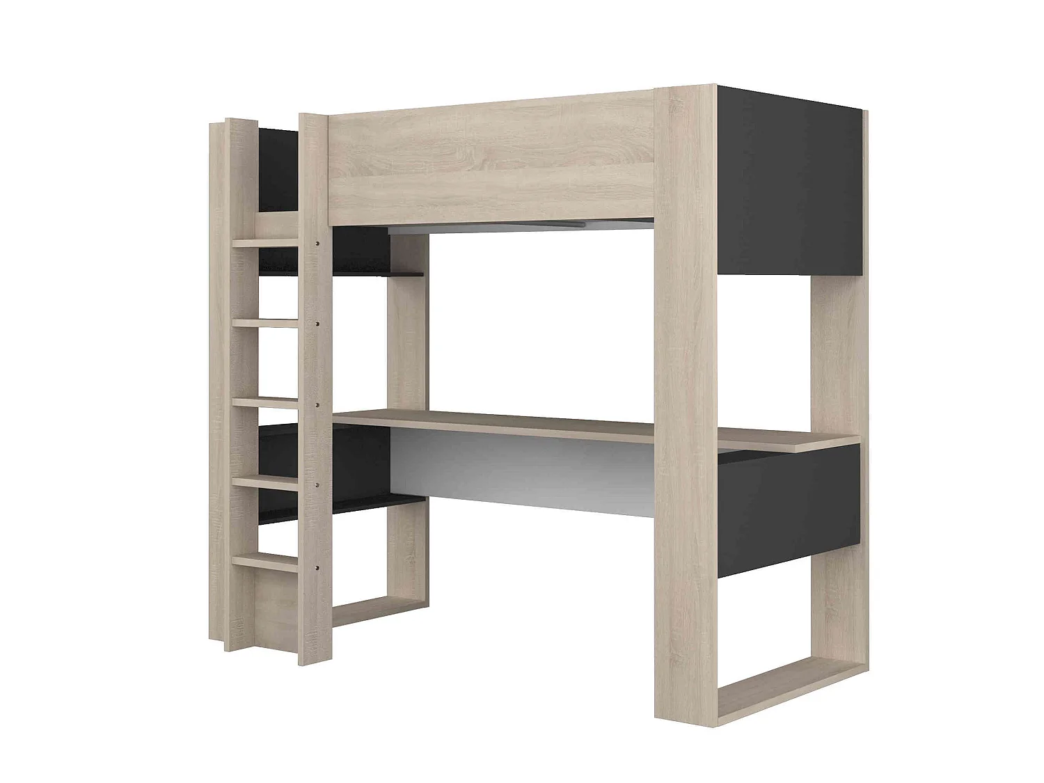 Lit mezzanine enfant 90x200 en bois imitation chêne et noir - LT9025