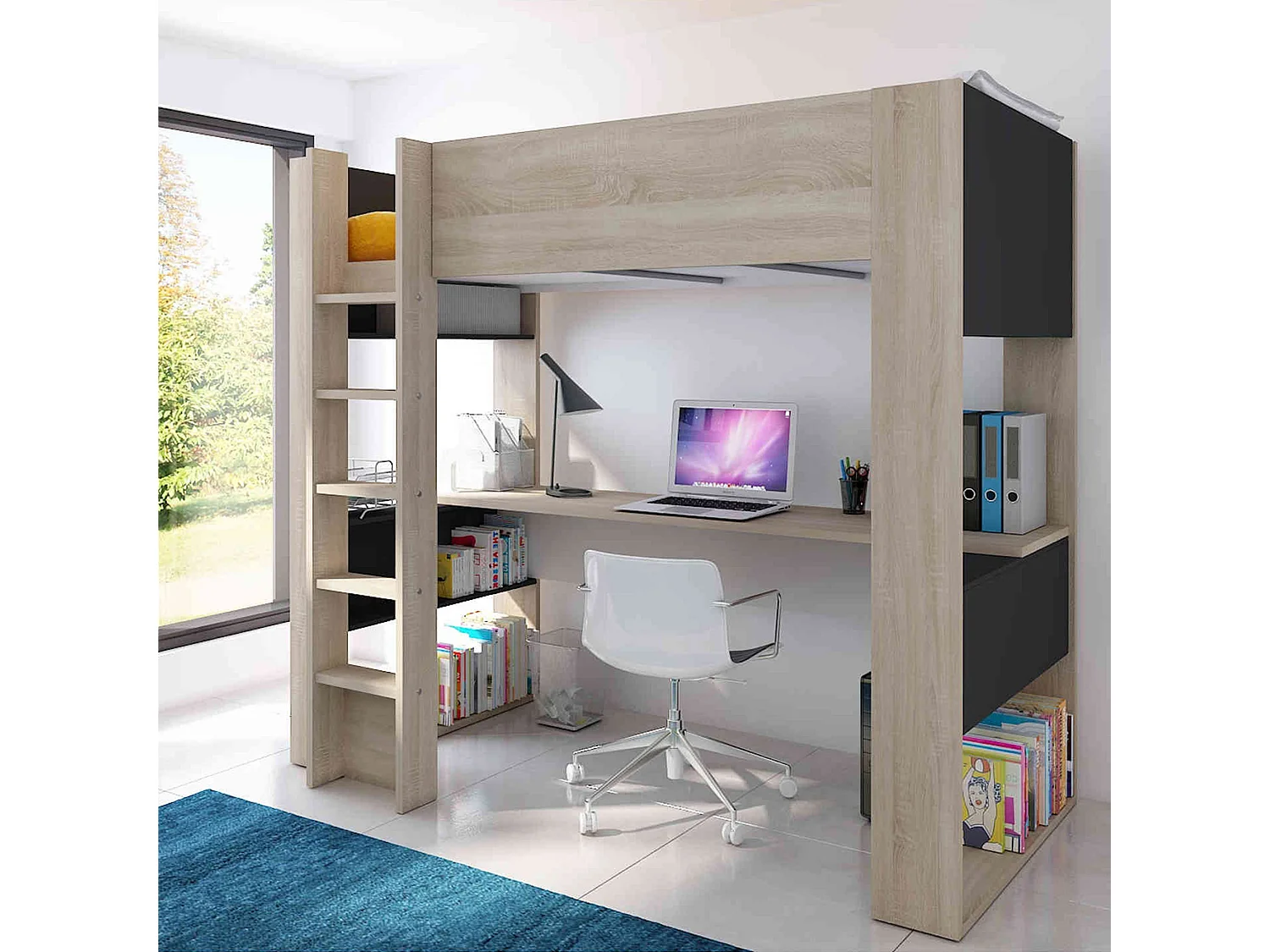 Lit mezzanine enfant 90x200 en bois imitation chêne et noir - LT9025