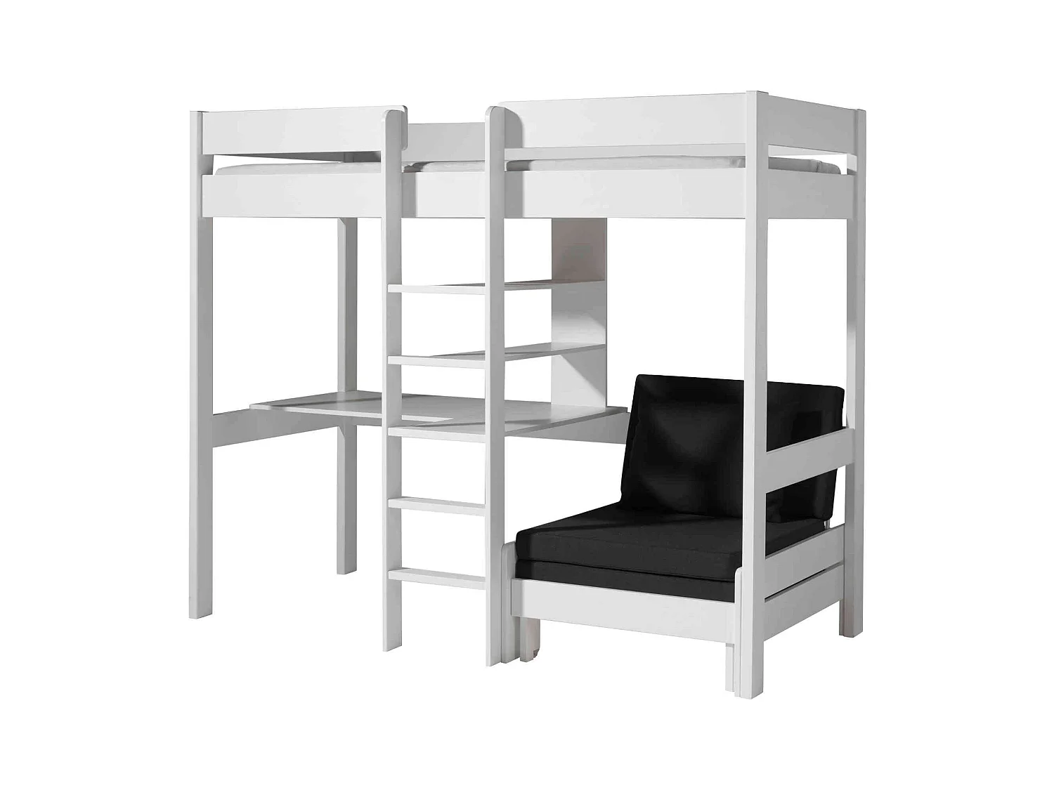 Lit enfant mezzanine avec fauteuil convertible en bois massif blanc 90x200 cm - LT2045
