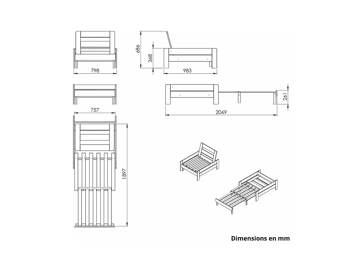 Lit enfant mezzanine avec fauteuil convertible en bois massif blanc 90x200 cm - LT2045