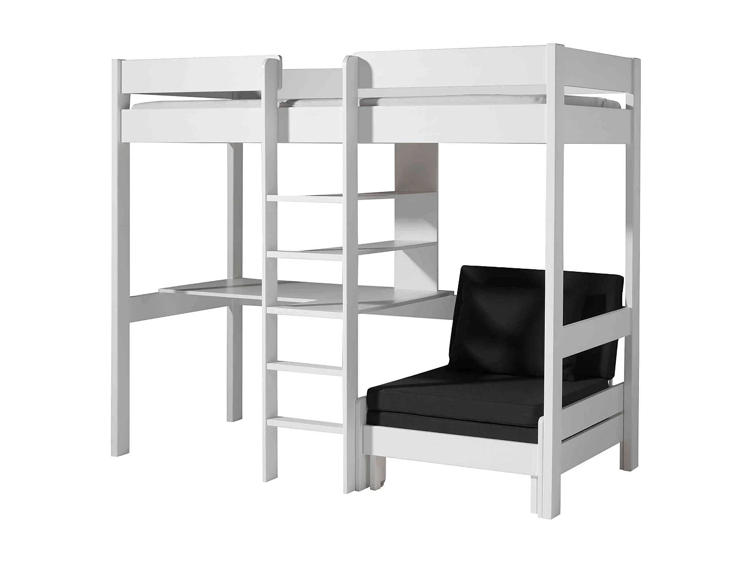 Lit enfant mezzanine avec fauteuil convertible en bois massif blanc 90x200 cm - LT2045