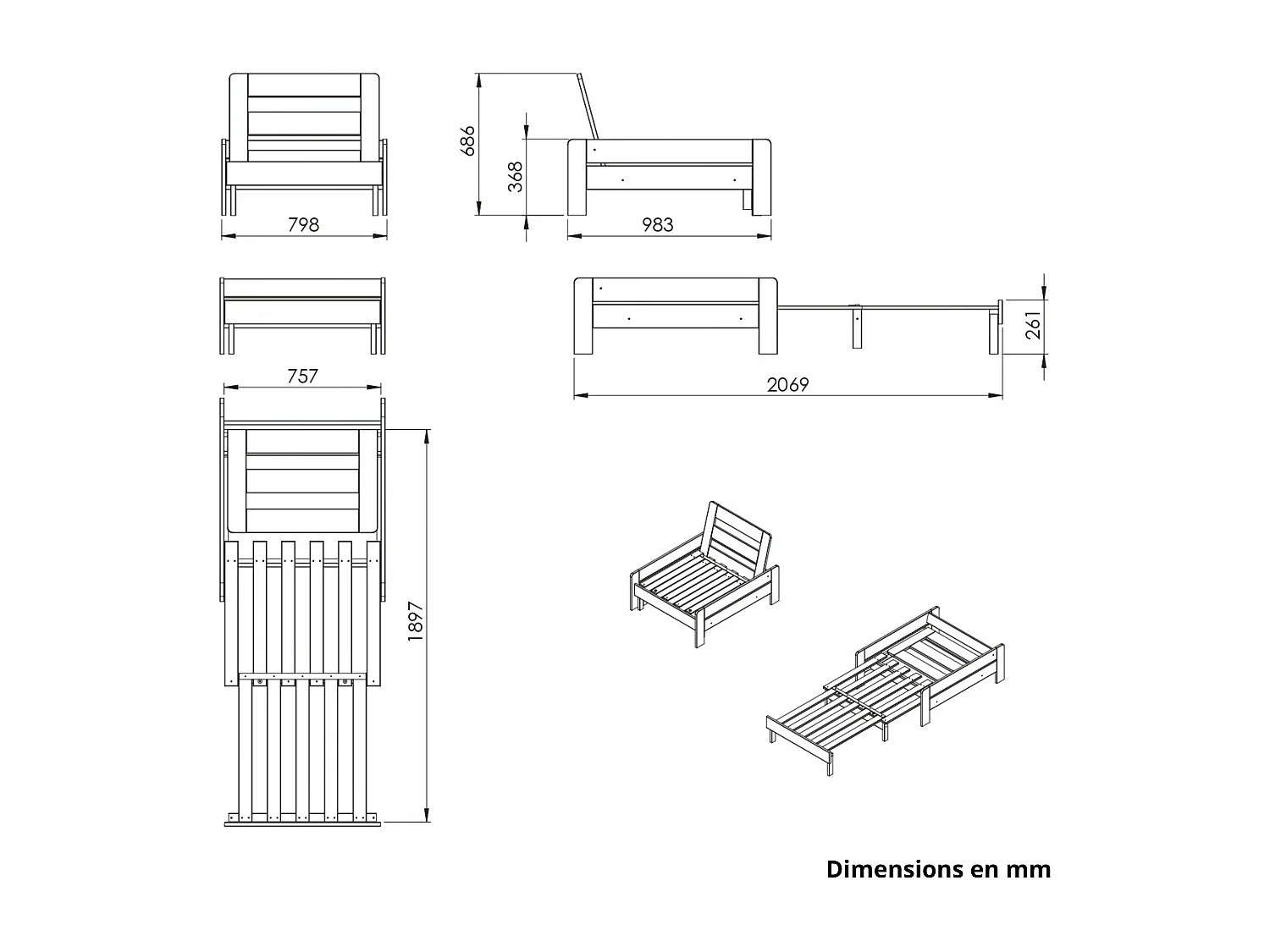 Lit enfant mezzanine avec fauteuil convertible en bois massif blanc 90x200 cm - LT2045
