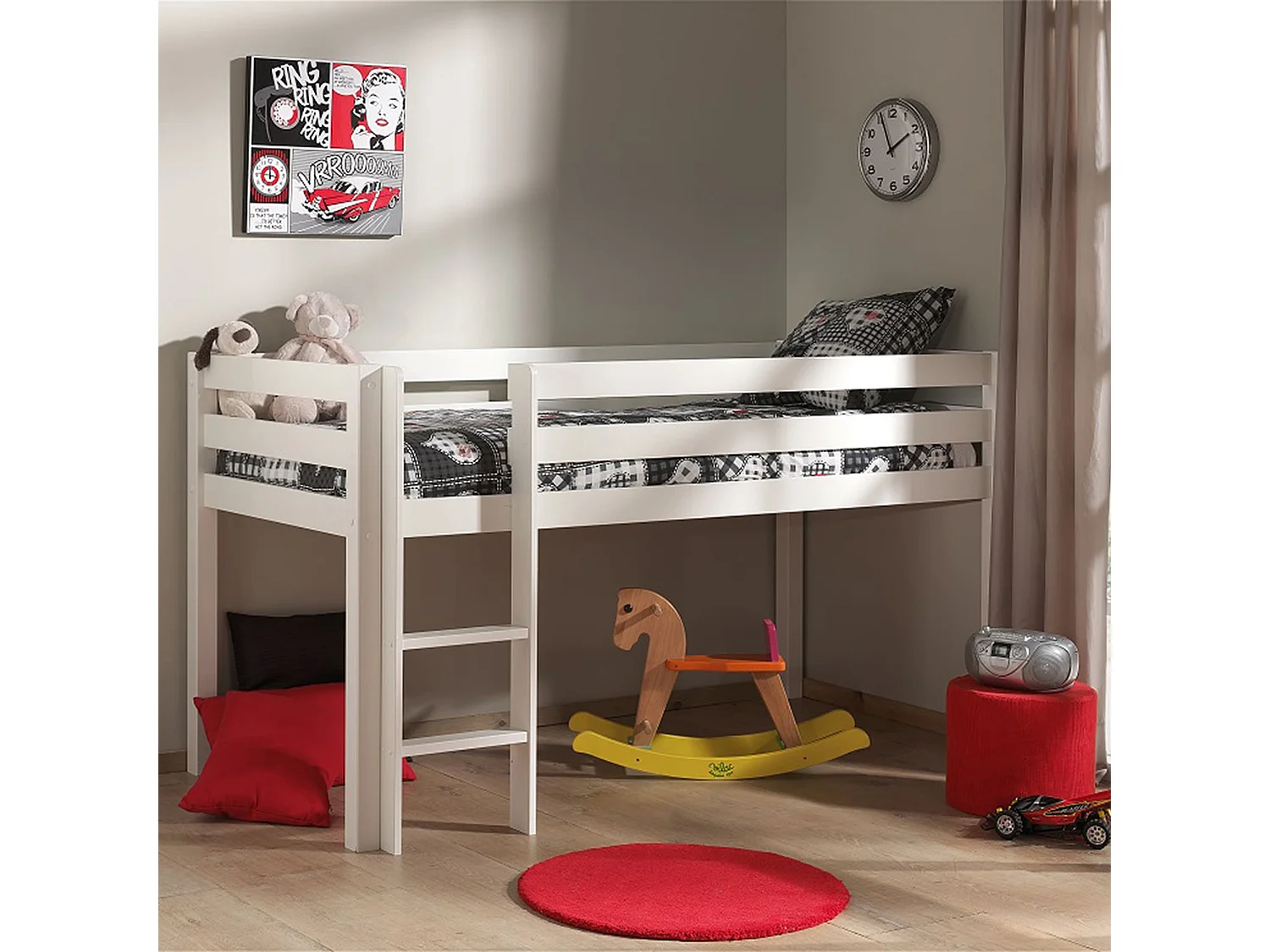 Lit mi-hauteur en pin massif blanc laqué 90x200