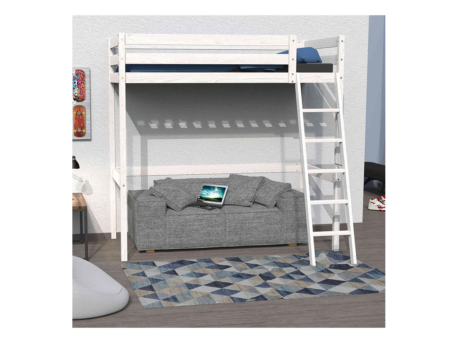 Lit mezzanine en bois massif blanc 90x190 - LT14036