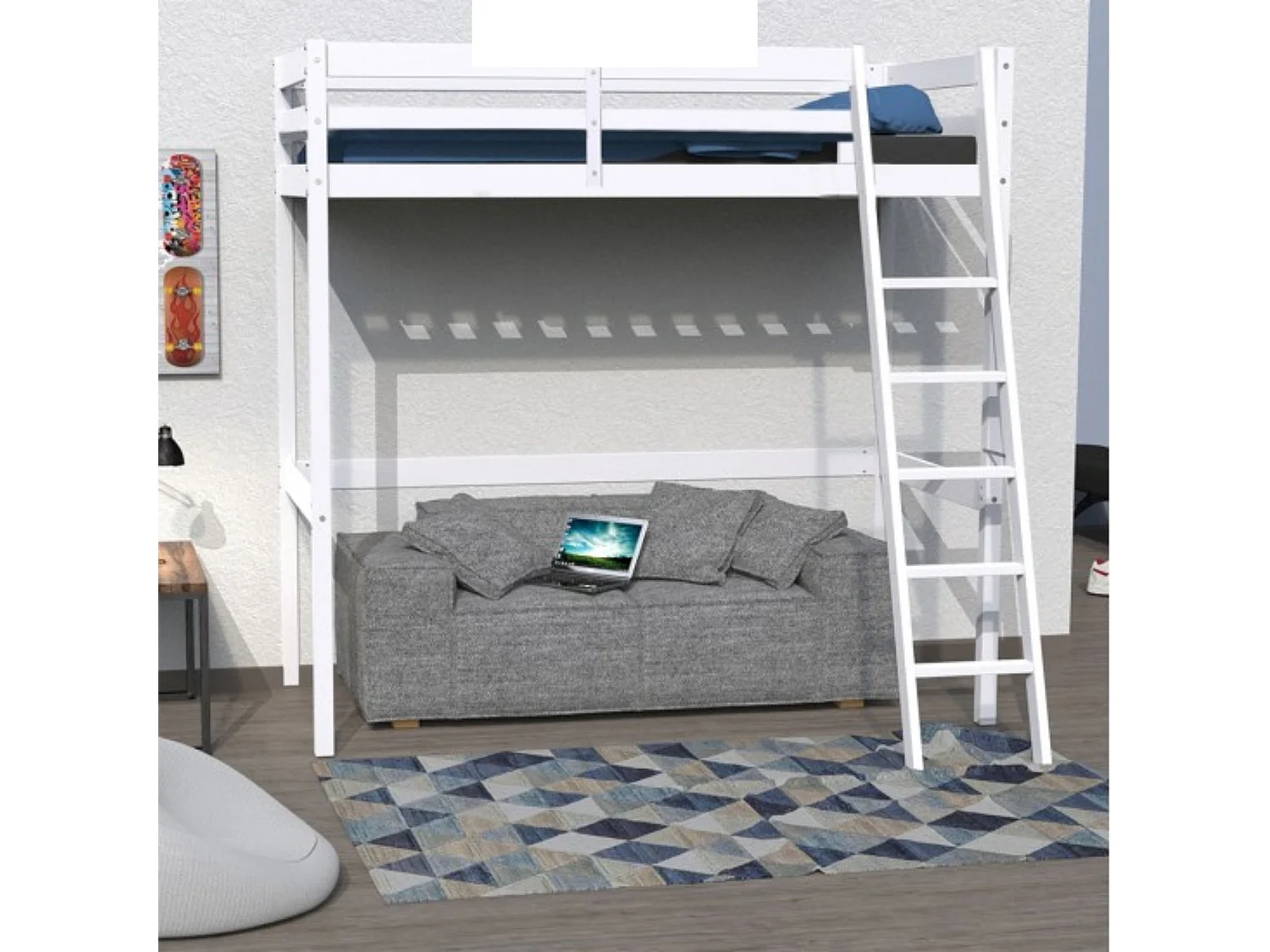 Lit mezzanine en bois massif blanc 90x190 - LT14036