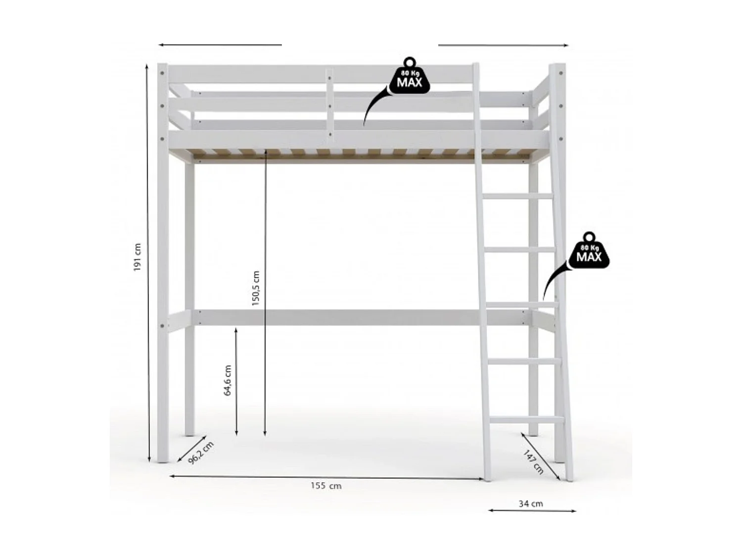 Lit mezzanine en bois massif blanc 90x190 - LT14036