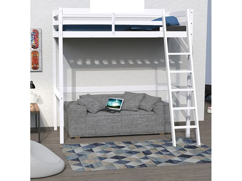 Lit mezzanine en bois massif blanc 90x190 - LT14036
