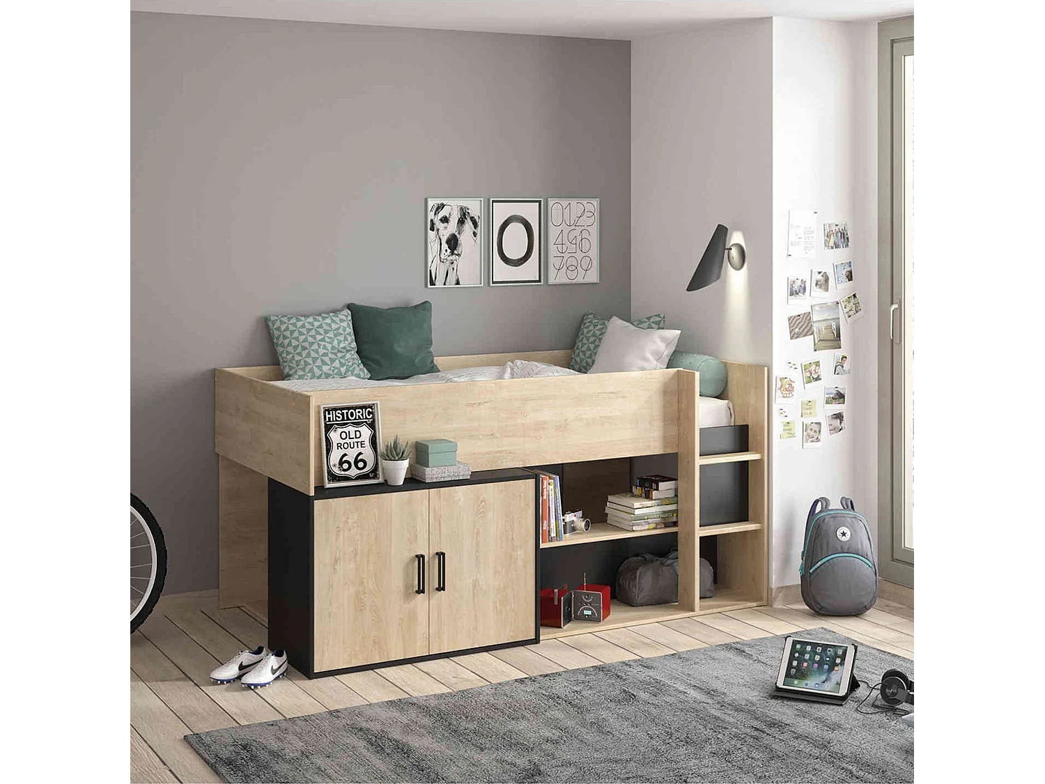 Lit enfant mezzanine en bois imitation chêne blond et noir 90x200 - LT5056