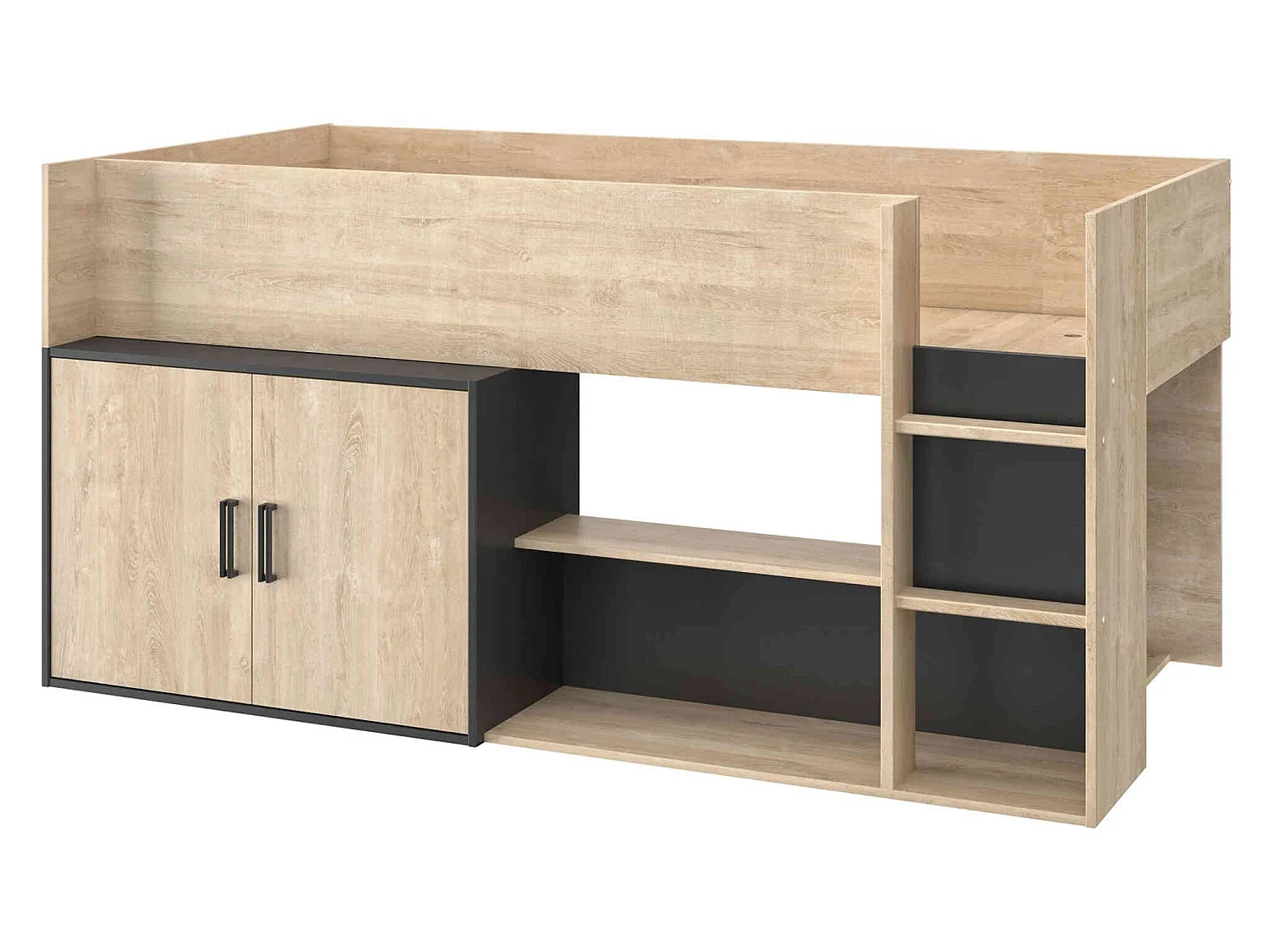 Lit enfant mezzanine en bois imitation chêne blond et noir 90x200 - LT5056