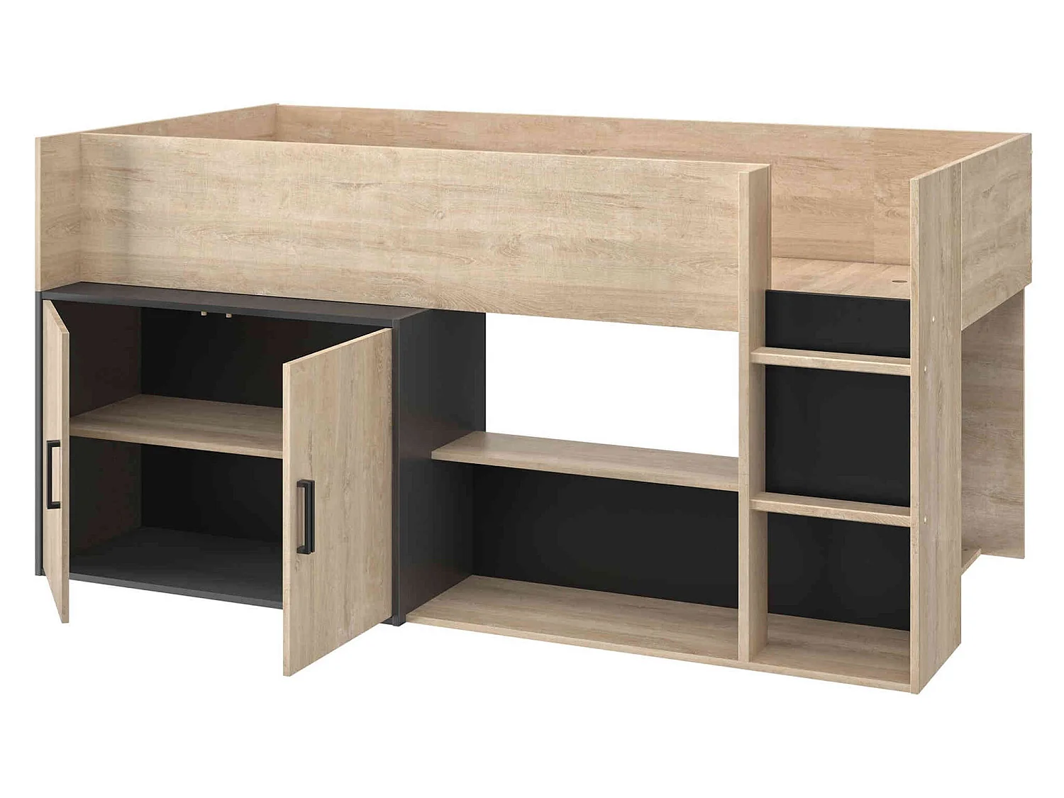 Lit enfant mezzanine en bois imitation chêne blond et noir 90x200 - LT5056