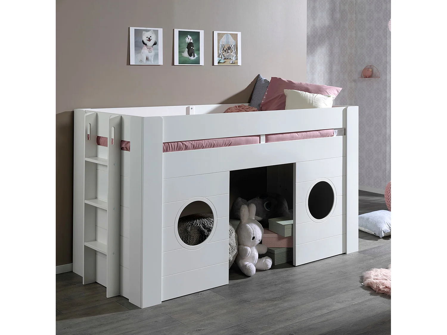 Lit mezzanine enfant cabine en bois blanc 90x200 cm - LT2049