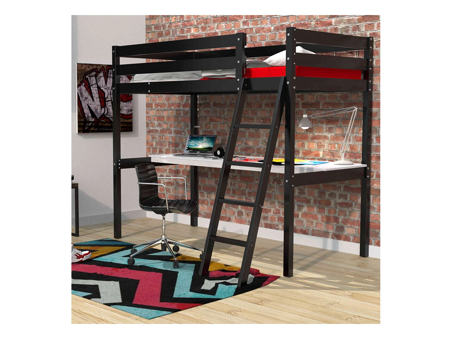 Lit mezzanine avec bureau en bois noir 90x190 - LT14038