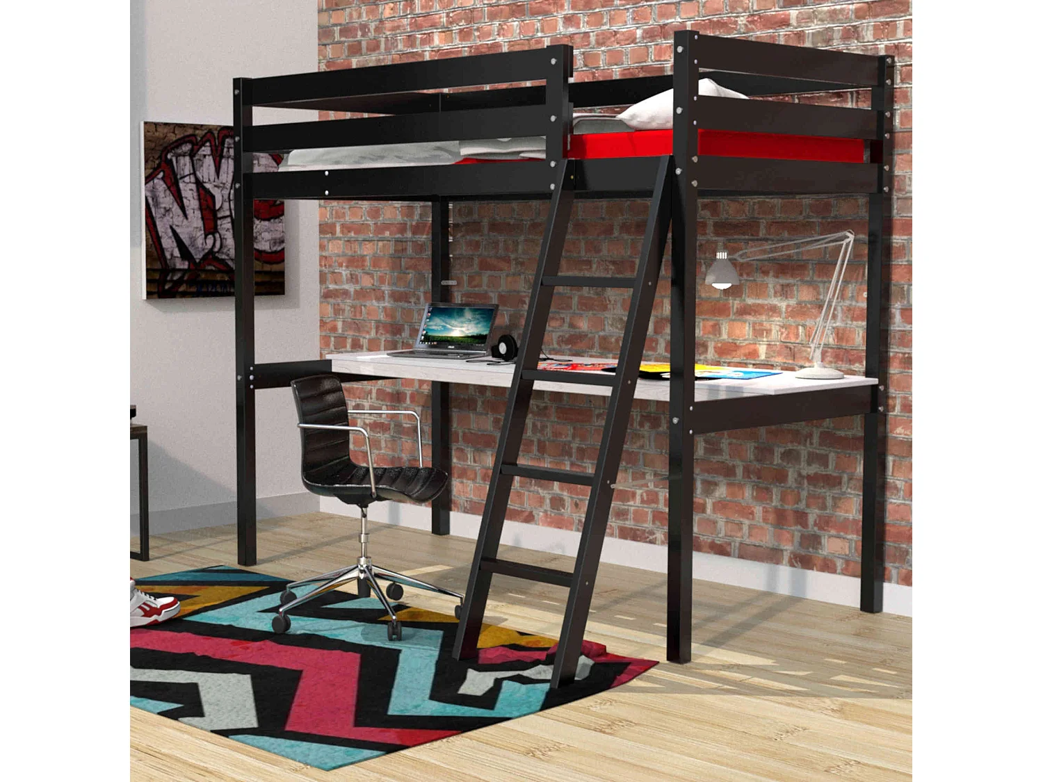 Lit mezzanine avec bureau en bois noir 90x190 - LT14038