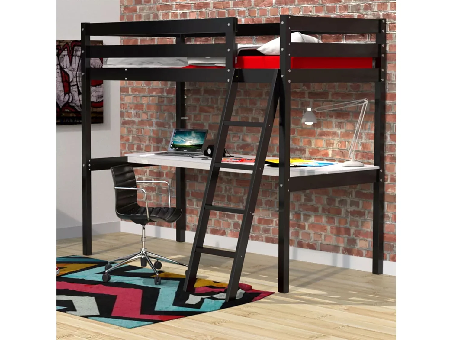 Lit mezzanine avec bureau en bois noir 90x190 - LT14038