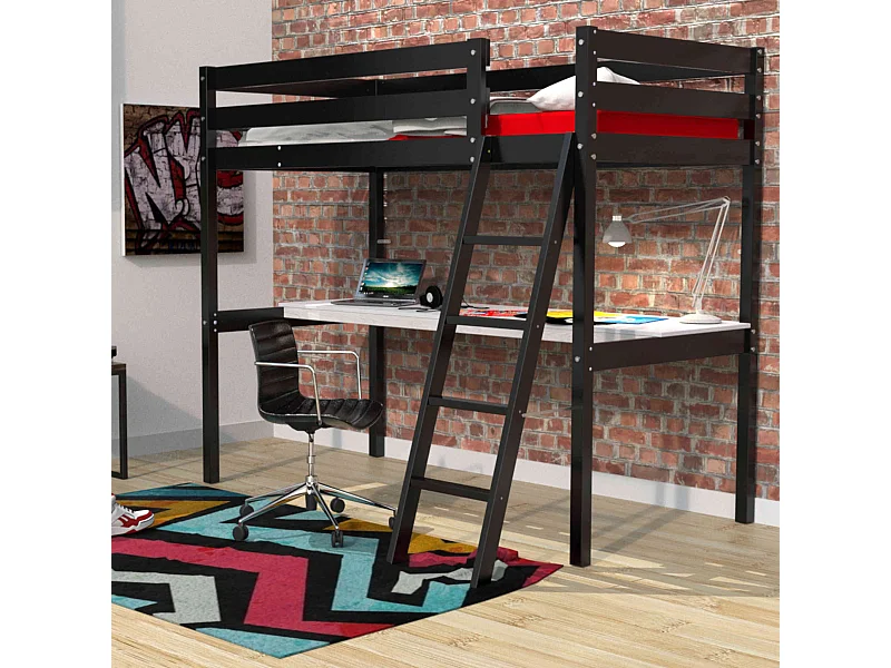 Lit mezzanine avec bureau en bois noir 90x190 - LT14038
