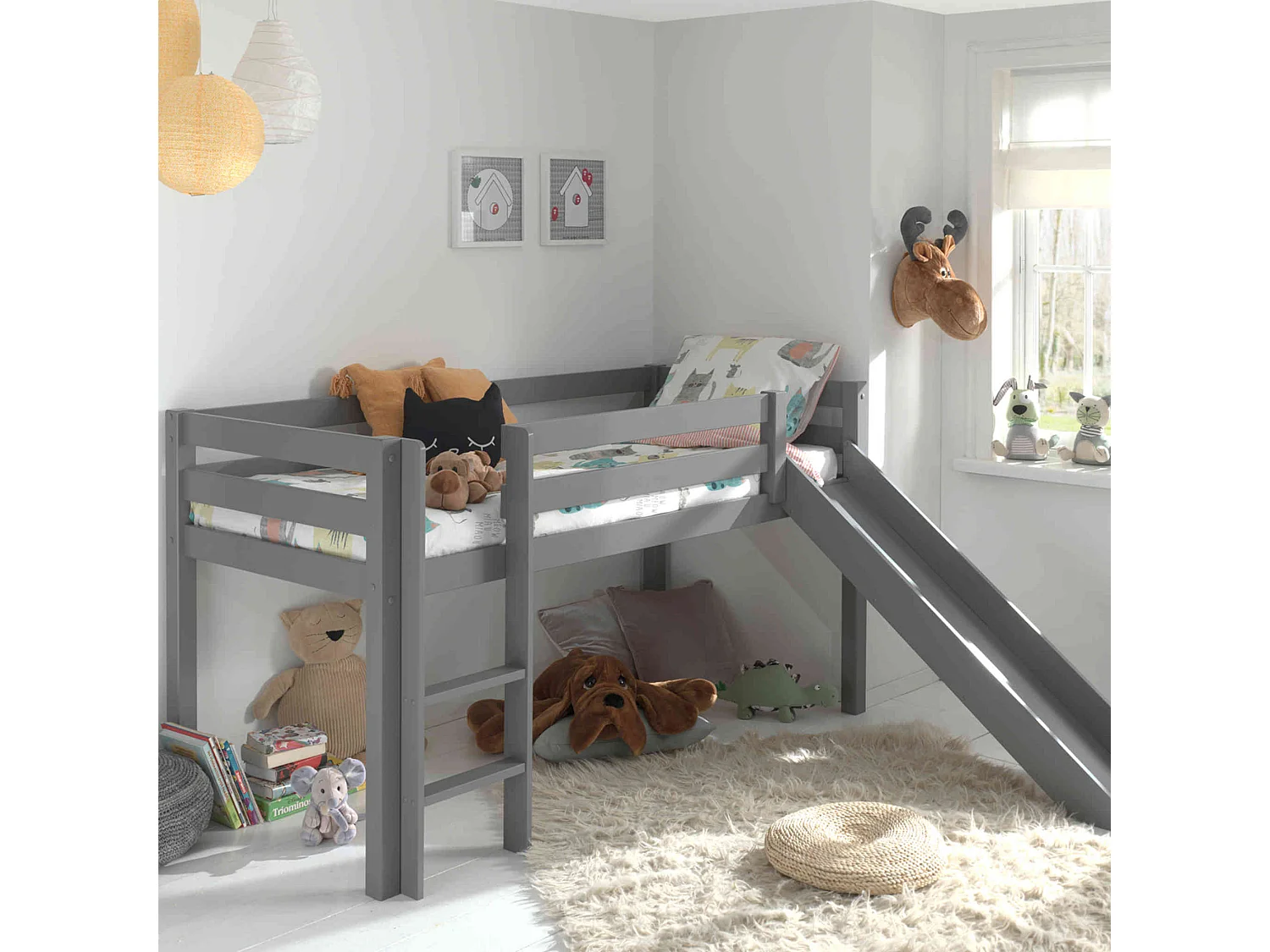 Lit mezzanine enfant avec toboggan en bois massif gris 90x200 cm - LT2040