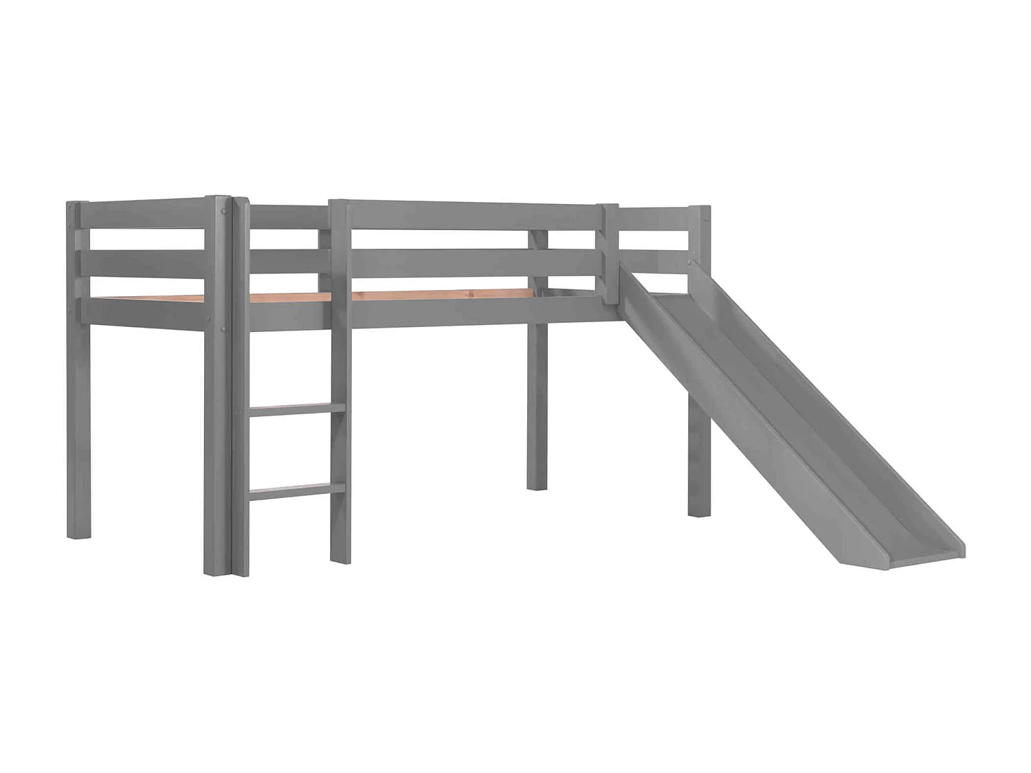 Lit mi-hauteur enfant avec toboggan en bois massif gris 90x200 cm - LT2040