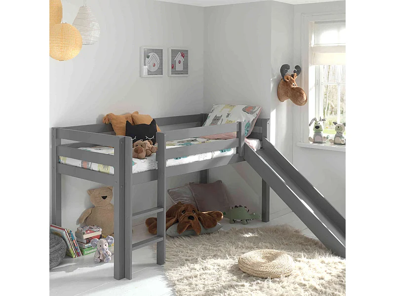 Lit mi-hauteur enfant avec toboggan en bois massif gris 90x200 cm - LT2040
