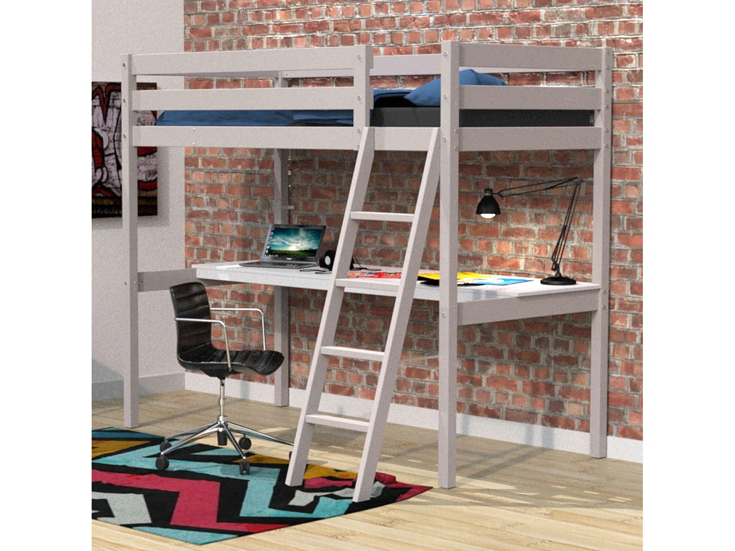 Lit mezzanine avec bureau en bois gris 90x190 - LT14038
