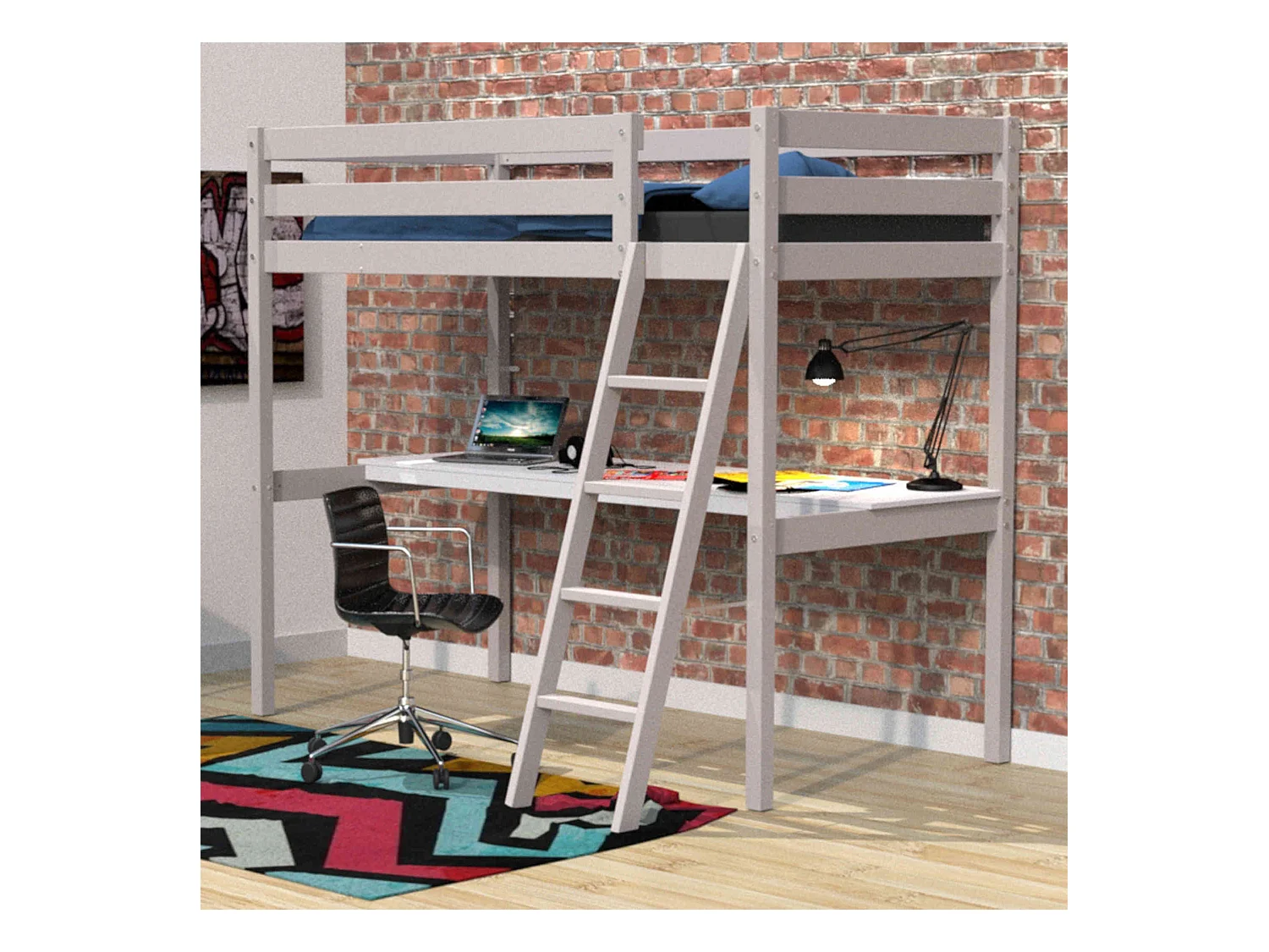 Lit mezzanine avec bureau en bois gris 90x190 - LT14038