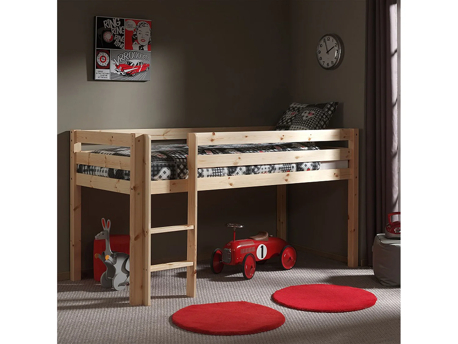 Lit mi-hauteur en pin massif naturel 90x200