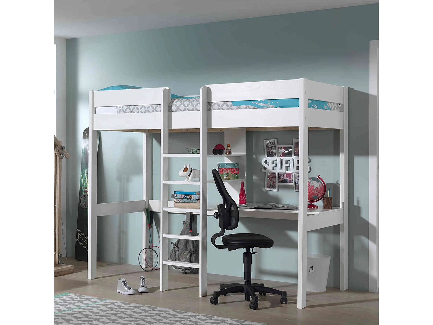 Lit Mezzanine Blanc 90x200 avec échelle centrale - Terre de Nuit