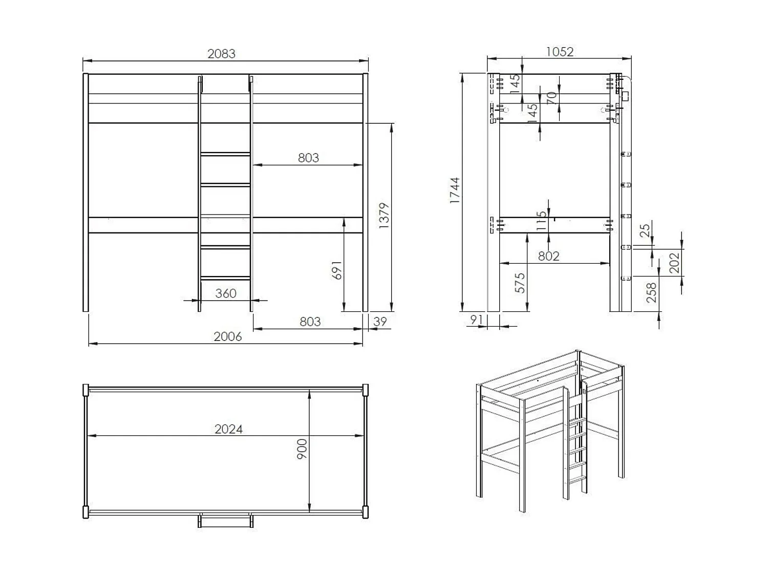 Lit Mezzanine Blanc 90x200 avec échelle centrale - Terre de Nuit