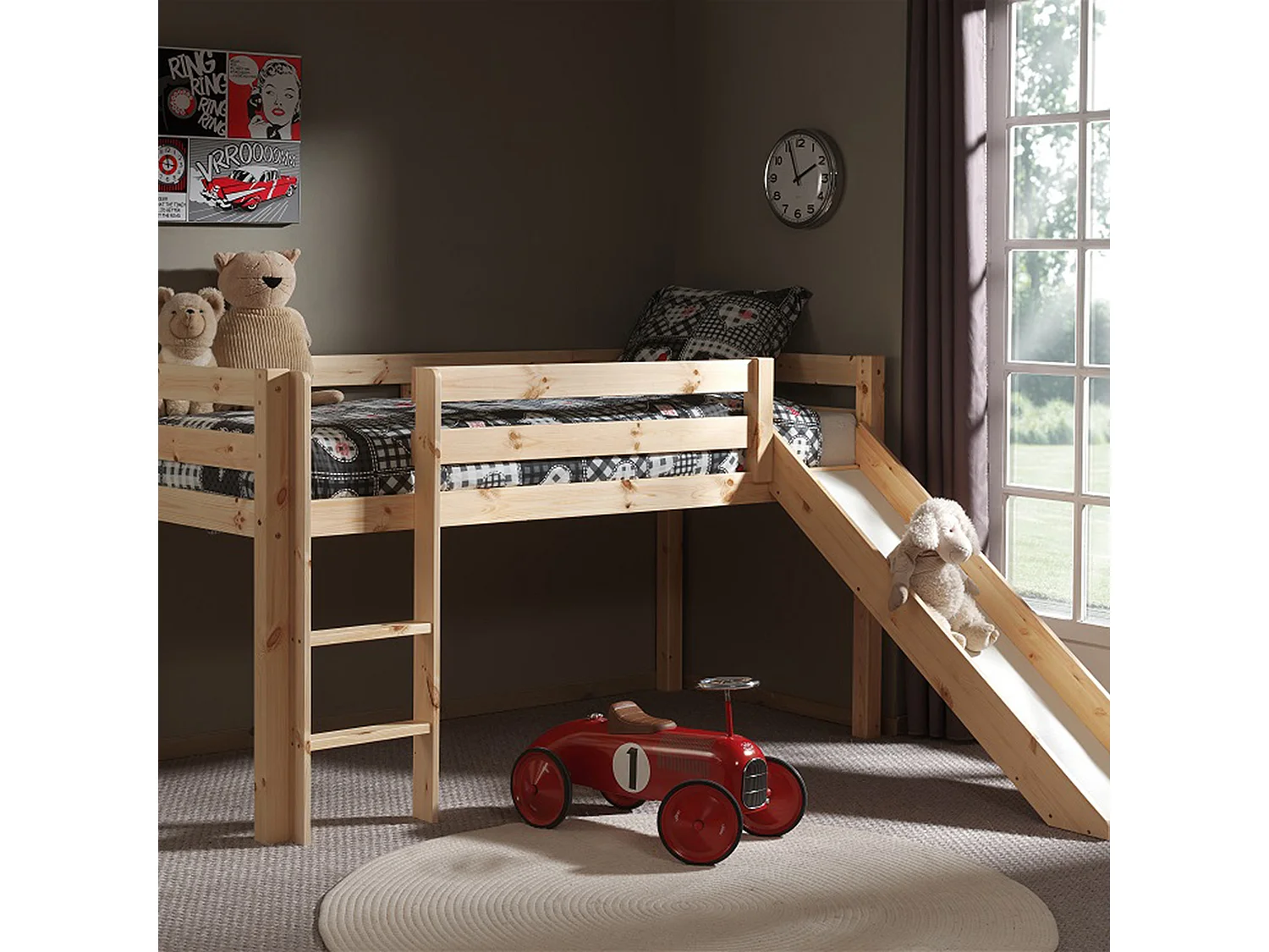 Lit Mezzanine Naturel avec Toboggan 90x200