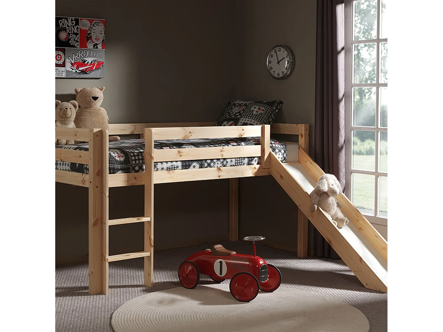 Lit Mezzanine Naturel avec Toboggan 90x200