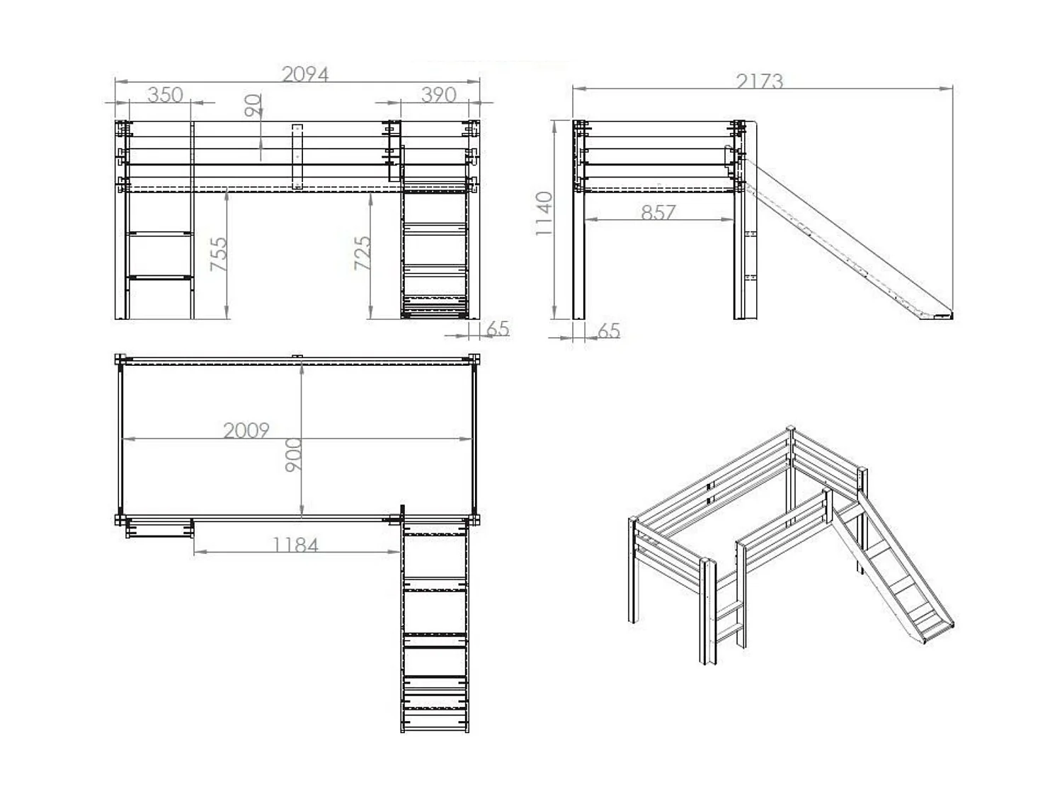 Lit Mezzanine Naturel avec Toboggan 90x200