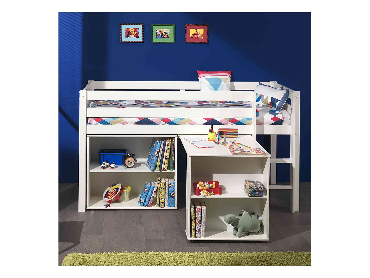 Lit mezzanine 90x200 blanc + bureau + bibliothèque - Terre de Nuit