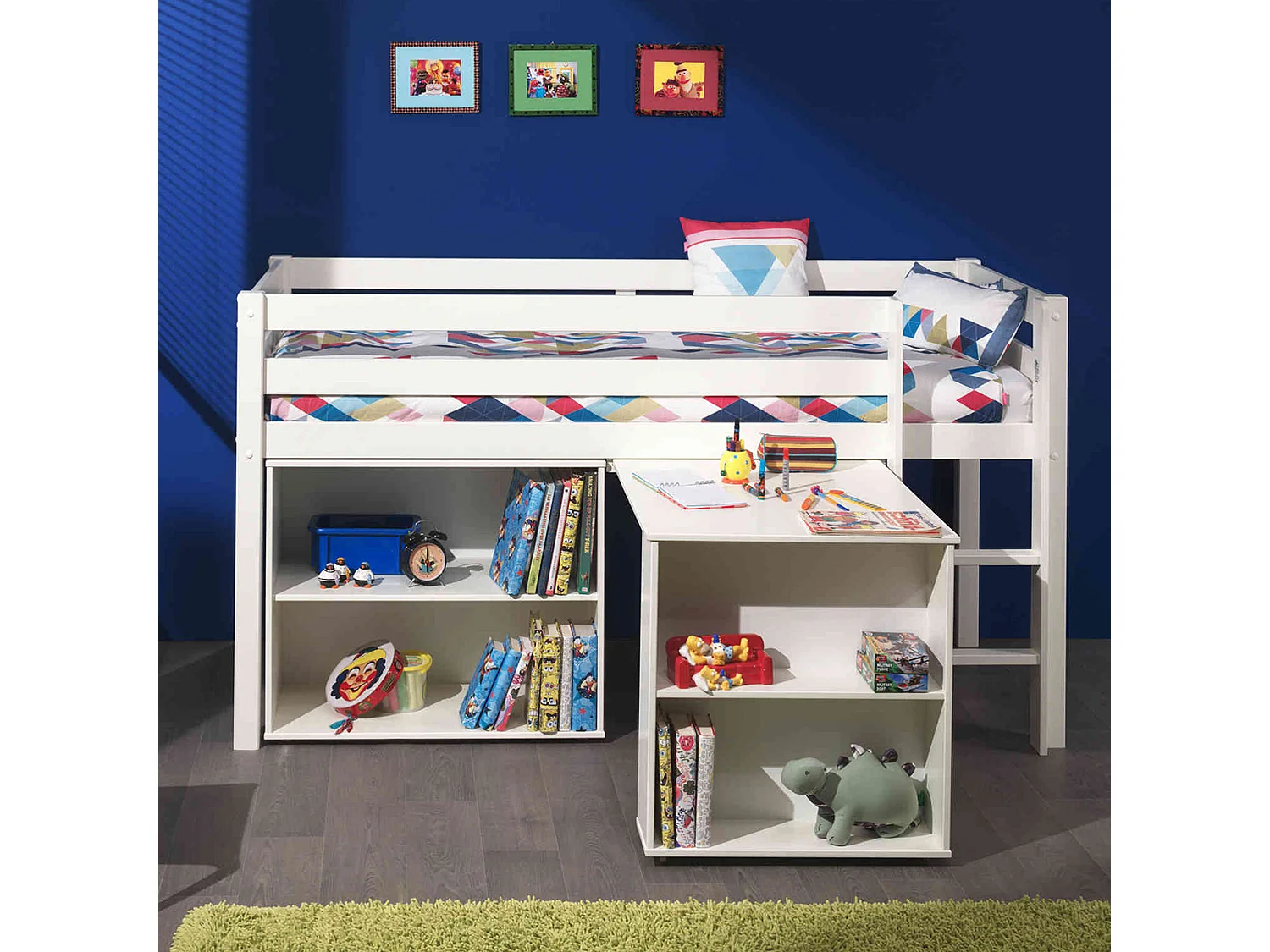 Lit mezzanine 90x200 blanc + bureau + bibliothèque - Terre de Nuit