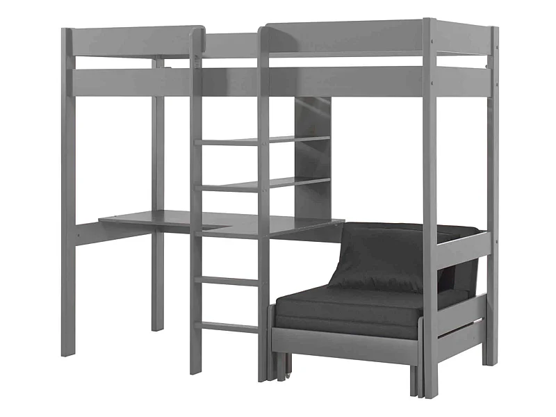 Lit enfant mezzanine avec fauteuil convertible en bois massif gris 90x200 cm - LT2045