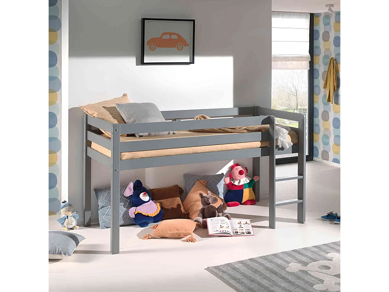 Lit mezzanine enfant en bois massif gris 90x20 cm - LT2039