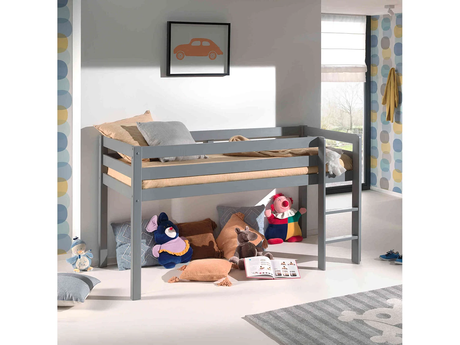Lit mezzanine enfant en bois massif gris 90x20 cm - LT2039