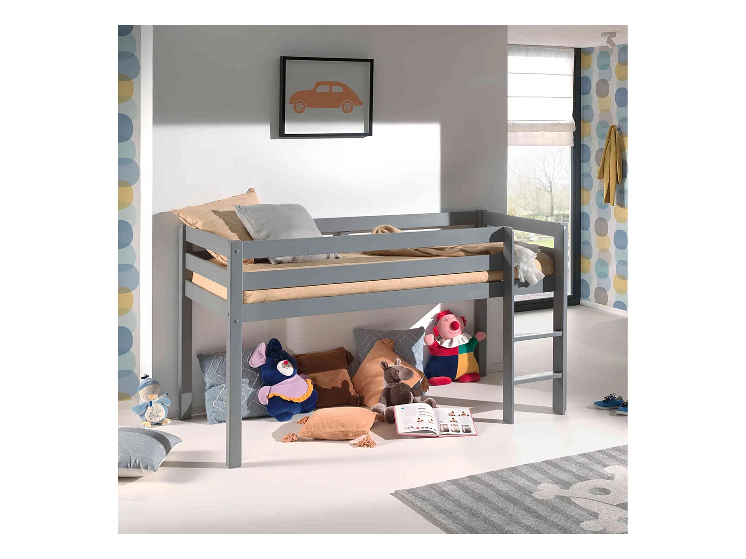 Lit mezzanine enfant en bois massif gris 90x20 cm - LT2039