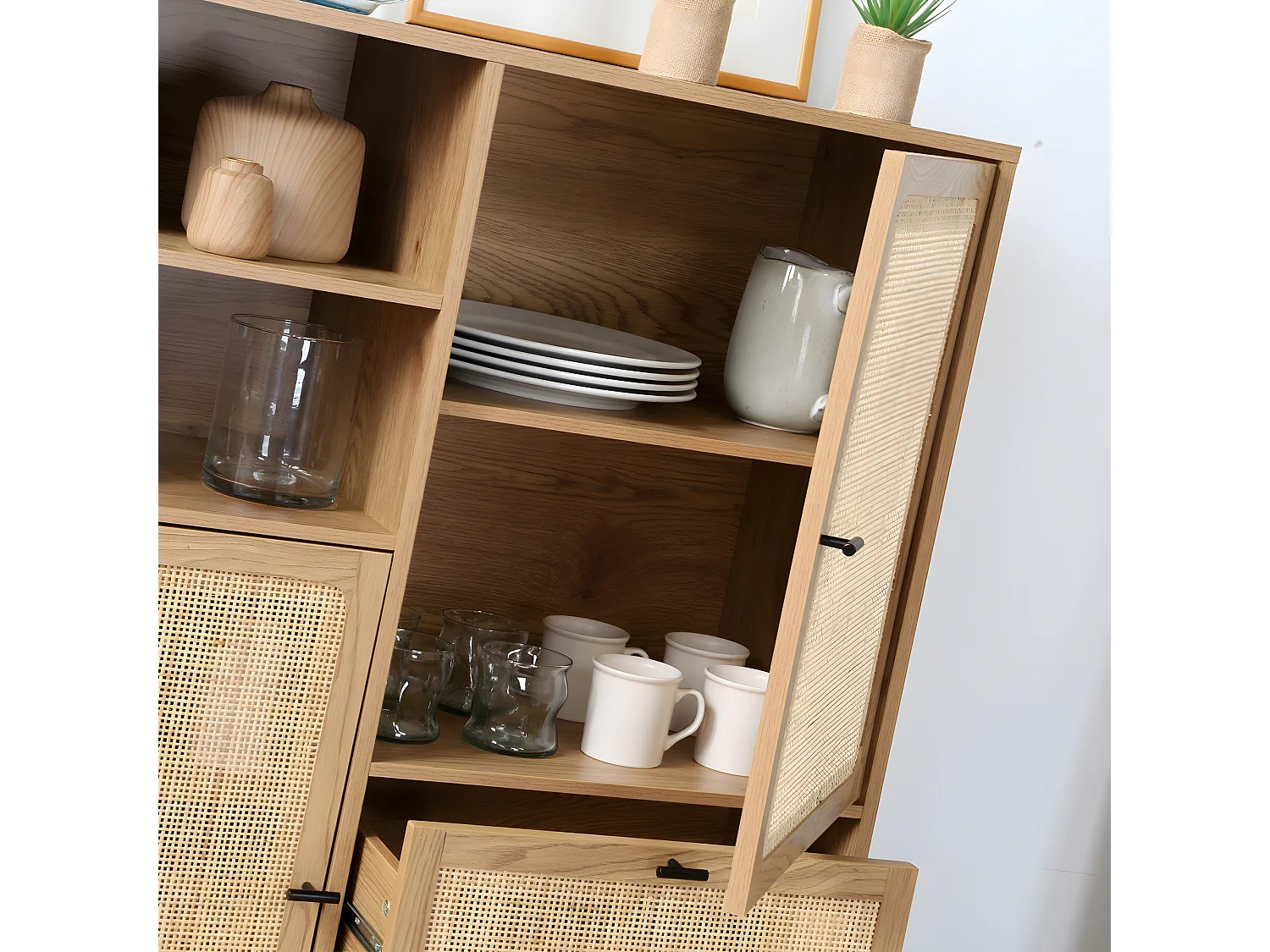 Credenza Alta con Facciate in Rattan Naturale - L100 x H120 cm - JAYA