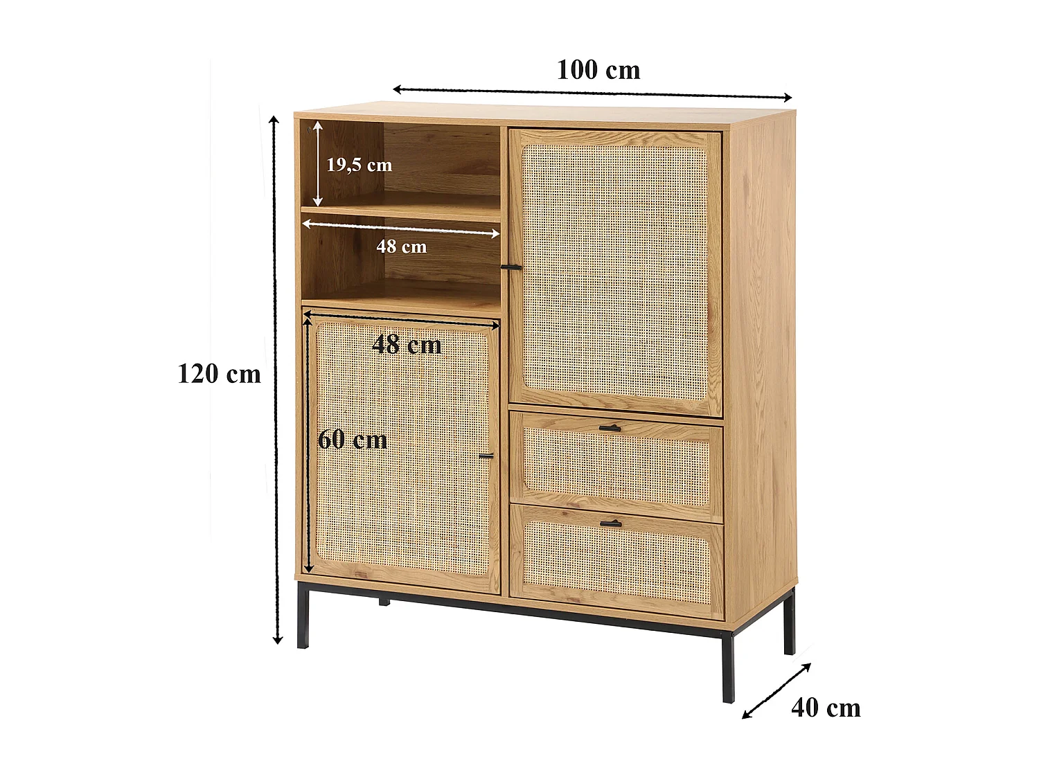 Credenza Alta con Facciate in Rattan Naturale - L100 x H120 cm - JAYA