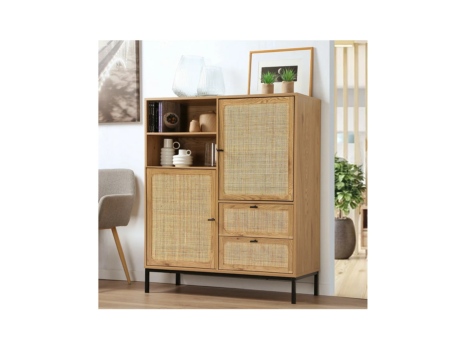 Buffet Haut avec Façades en Rotin Naturel - L100 x H120 cm - JAYA