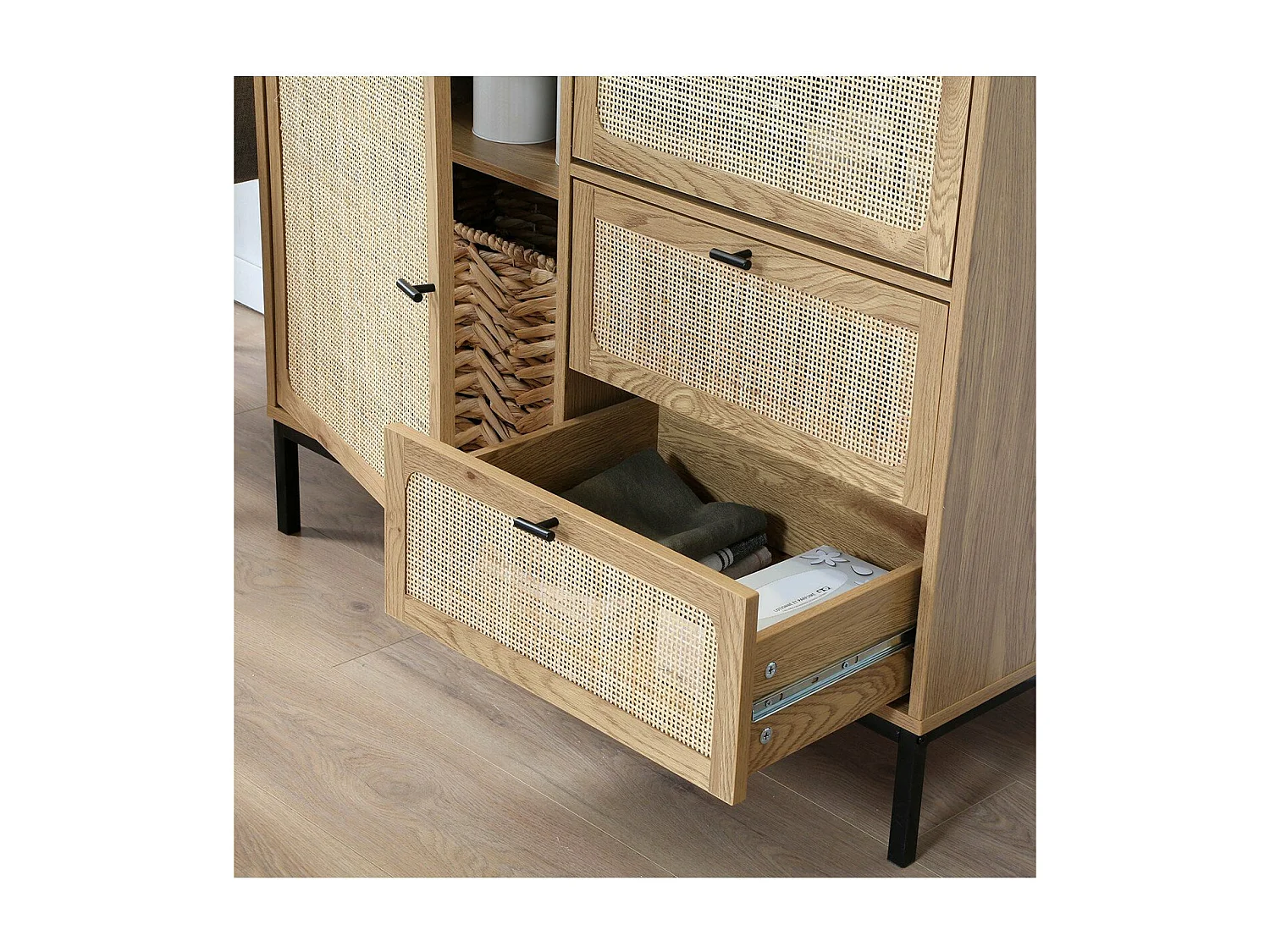 Buffet Haut avec Façades en Rotin Naturel - L100 x H120 cm - JAYA