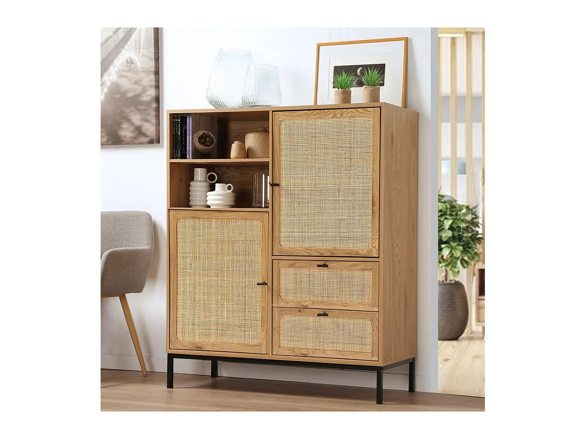 Buffet Haut avec Façades en Rotin Naturel - L100 x H120 cm - JAYA