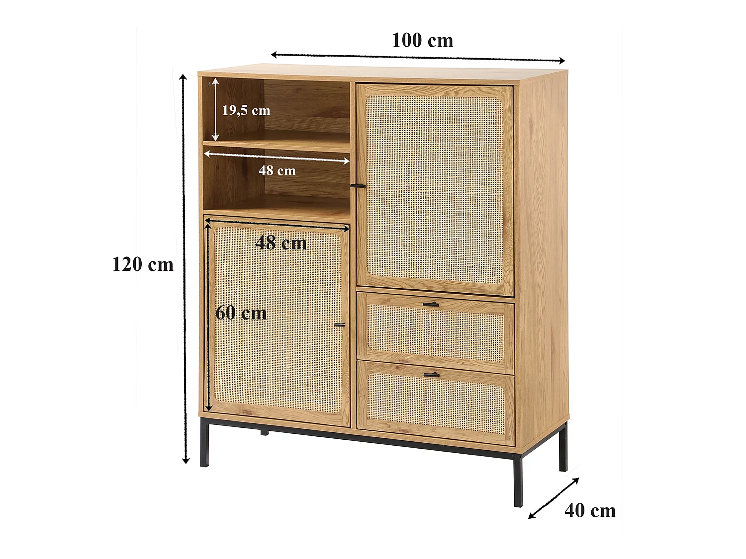Buffet Haut avec Façades en Rotin Naturel - L100 x H120 cm - JAYA