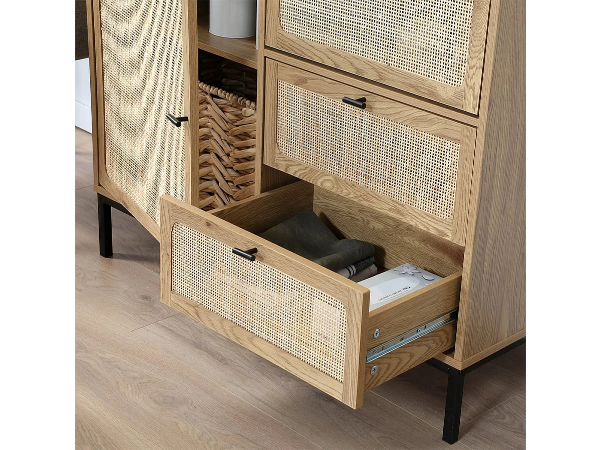 Buffet Haut avec Façades en Rotin Naturel - L100 x H120 cm - JAYA