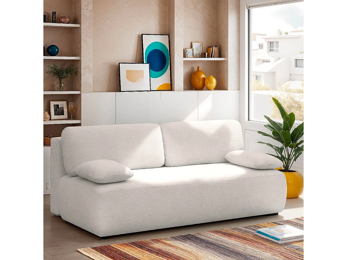 Canapé convertible 3 places avec coffre de rangement en tissu bouclette écru - Gemma