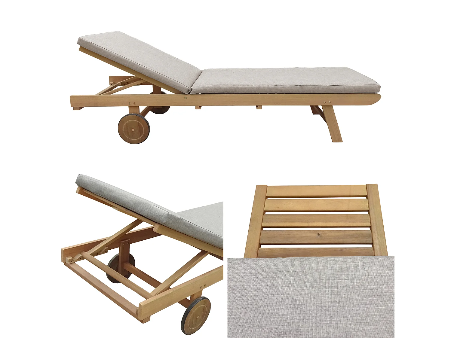 Bain de soleil pliant en acacia KANAWA - coussin sable - HAPPY GARDEN